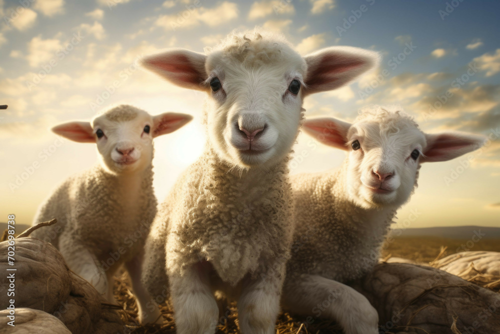 Two small lambs and a large sheep looking up at the camera, their eyes filled with wonder and trust Two small lambs and a large sheep looking up at the camera, their eyes filled with wonder and trust