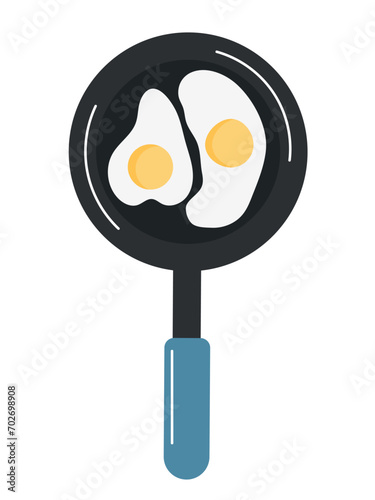 Breakfast, fried eggs in a frying pan. Delicious, healthy food on a blue frying pan isolated on a white background.