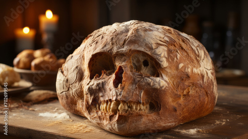 Bread scull. Fresh crispy bread in the shape of a skull. Deadly spooky food © Vladimir