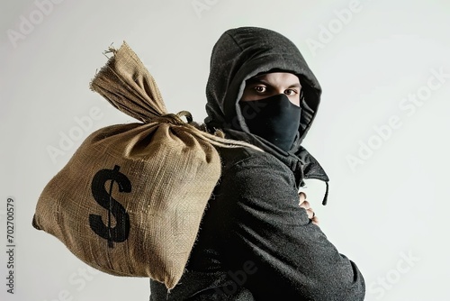 Financial threat. Dangerous criminal in mask stealing cash robbery concept. Banking burglar. Finance activity with thief in black hood. Economic risk. Dark background with dollar bills money