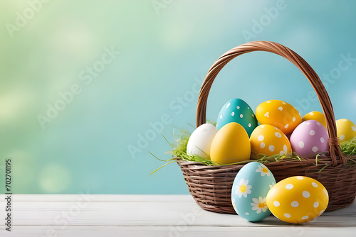 painted eggs in basketeaster copy space Generative AI