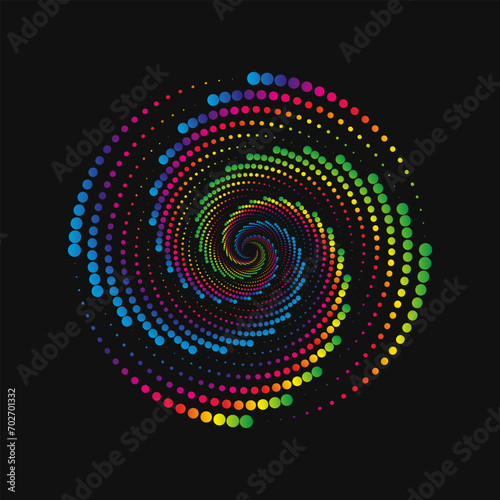 Halftone point vortex on dark. Abstract futuristic digital technology logo element. Vector geometric shape.