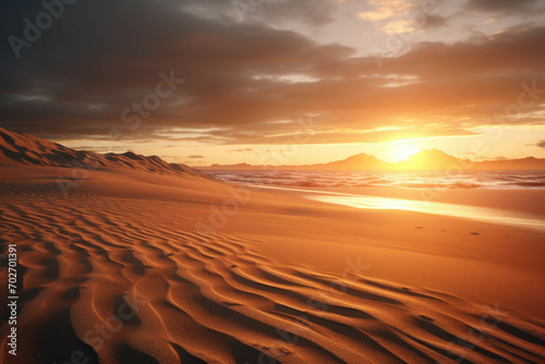 a beach with sand dunes stretching out into the horizon  with the sun setting in the background