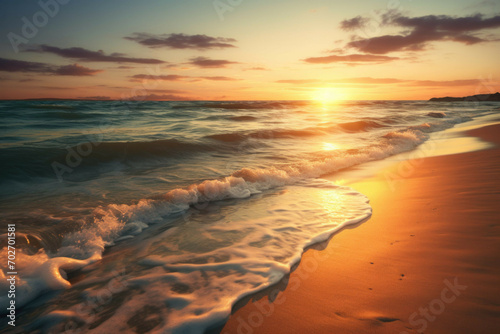 a tranquil beach at sunset, with the sun setting in the distant horizon, the waves gently rolling onto the shore, and the sand glimmering in the golden light