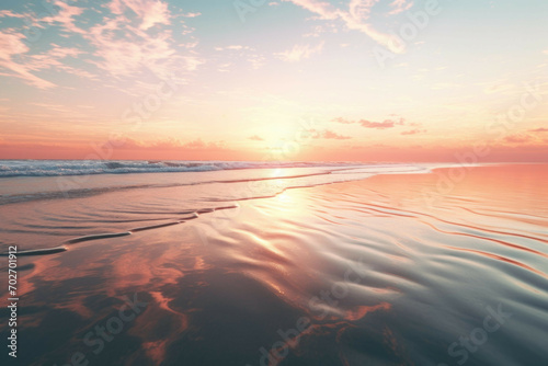a beach with sand patterns, with the sun setting in the distance and its reflection on the water's surface, the colors of the sky and the sea blending together in a mesmerizing way