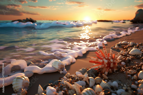 a beach with rocks and shells, with the sun setting in the distance and its reflection on the water's surface, the colors of the sky and the sea blending together in a mesmerizing way