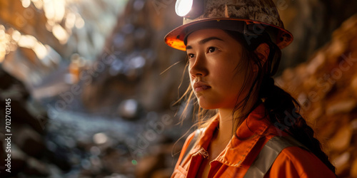 miner worker female at the mine close-up portrait Generative AI photo