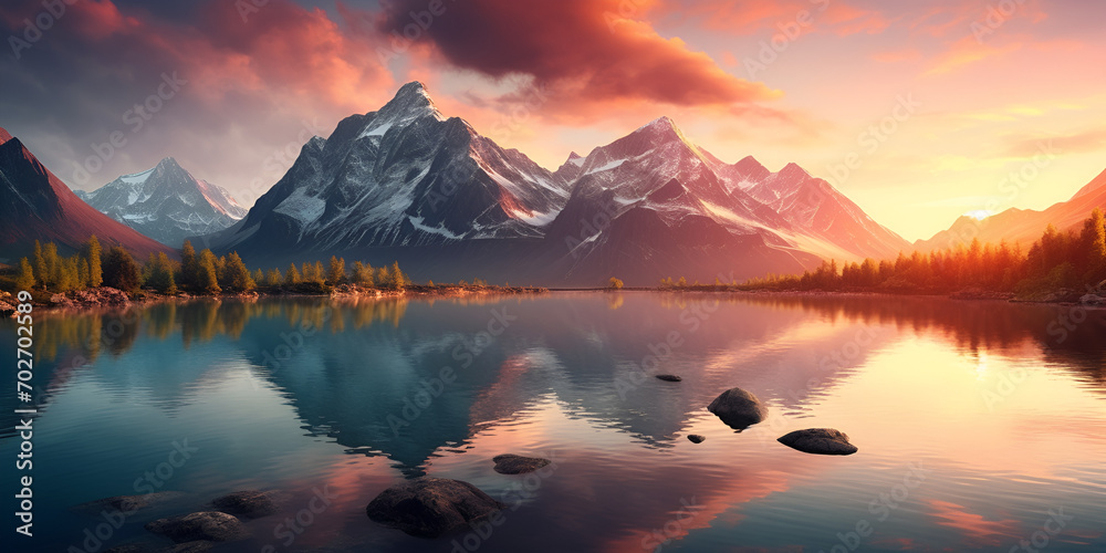 Mountain Lake at Dawn, Beautiful mountain landscape with lake and reflection in water, Scenic sunrise in the high mountains of the alpes generative ai