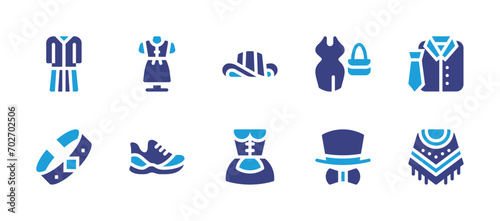 Fashion icon set. Duotone color. Vector illustration. Containing costume, dress, uniform, poncho, running shoes, bow tie, bracelet, oktoberfest, vueltiao. photo