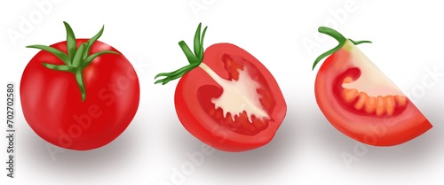  half of a red tomato, a quarter of a tomato, an isolated tomato, a sliced tomato on a white background