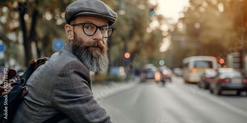 man with a beard and glasses on a bicycle in the city Generative AI