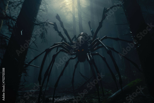 Giant spider weaving web in forest photo
