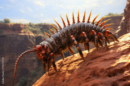 Giant centipede crawling on rock in canyon © Michael Böhm
