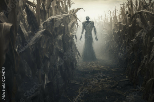 Haunted cornfield with ghostly apparitions