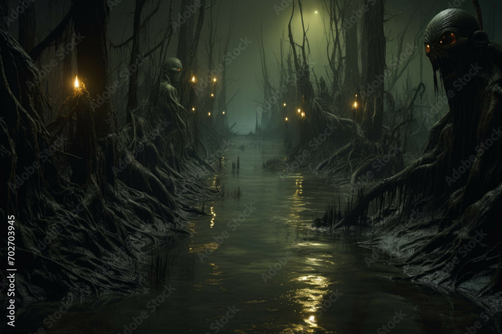 Ominous swamp with glowing eyes - obrazy, fototapety, plakaty 