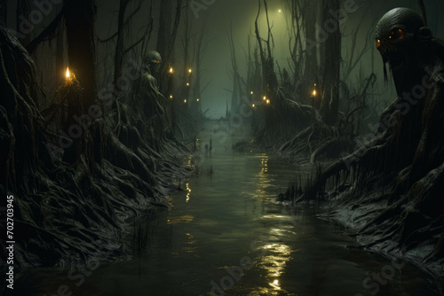 Ominous swamp with glowing eyes photo