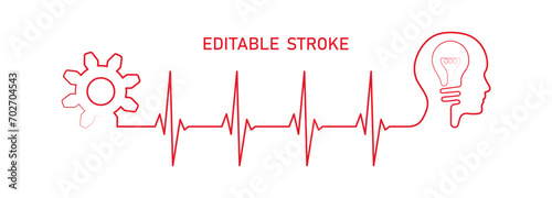 Editable lines heart rhythm illustration with lightbulb, head, gear, heartbeat line vector to use in healthcare, business idea, healthy lifestyle, medicine and ekg concept illustration projects. 