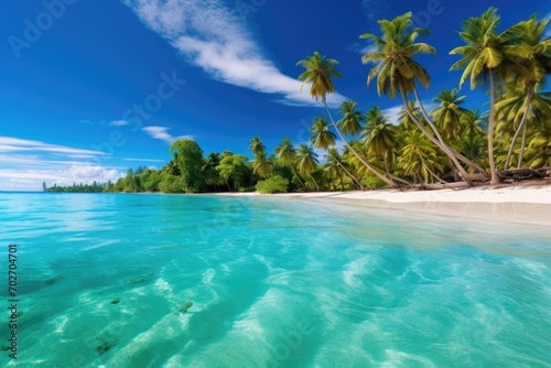 A panoramic view of a tropical beach with turquoise waters and palm trees 