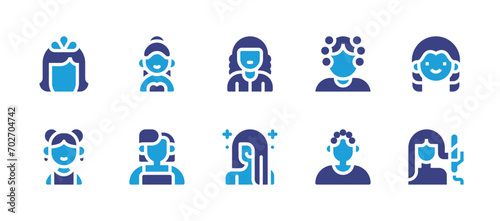 Hair icon set. Duotone color. Vector illustration. Containing wig, girl, woman, curlers, beauty, curling iron, hairdresser.