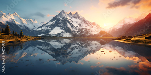A beautiful sunset with mountains and clouds, Mountain Lake at Dawn, A tranquil mountain lake reflecting the surrounding peaks, generative AI 