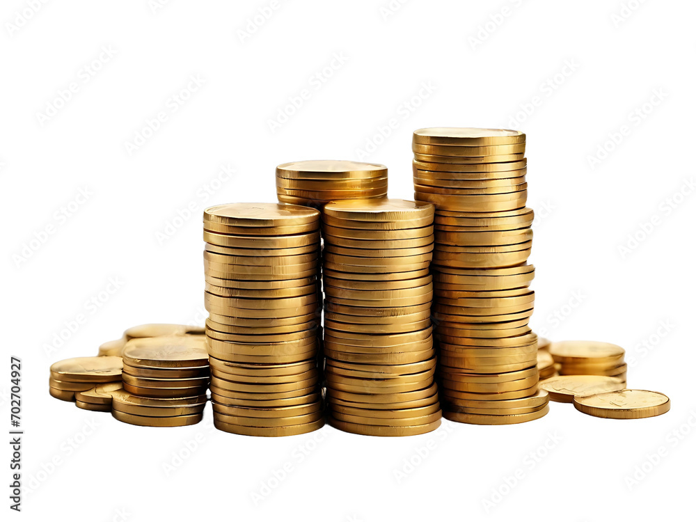 A lot of stacking gold coins on transparent background, AI Generated 