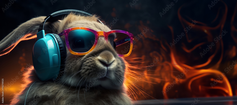 Rabbit in glasses plunged into the music. Rabbit listen to tunes in headphones with copy space