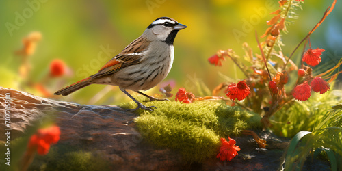 Koperwiek, Redwing, Turdus iliacus iliacus, A sparrow sits on a branch with pink flowers in the background, Sparrow Sitting On The Branch In Some Shade Background, generative AI photo