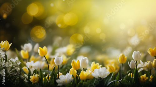 White and yellow tulips in the garden with bokeh background