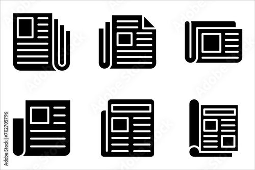 flat black newspaper icon set, vector illustration on white background