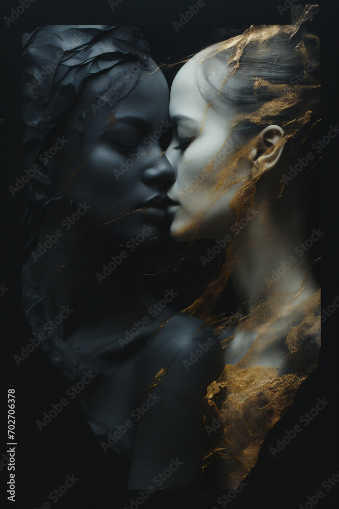 Art portrait of two beautiful women with golden hair on black background.