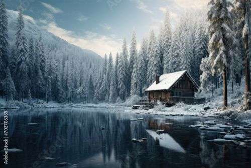 Cabin in snowy forest with frozen lake