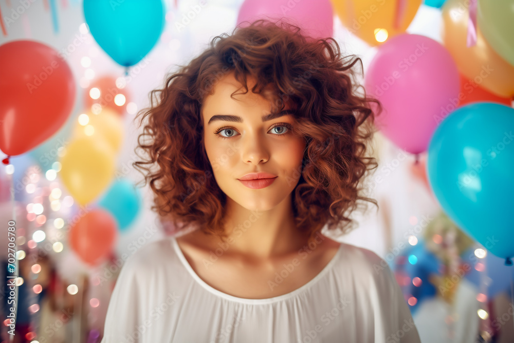 Young woman with curly hair at birthday party, closeup portrait.