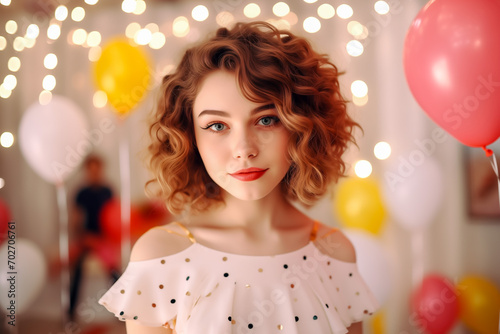 Young woman with curly hair at birthday party, closeup portrait.
