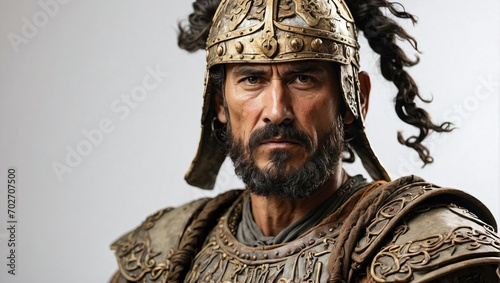 Stoic man in a detailed ancient warrior costume with ornate helmet and armor, exuding the authoritative air of a historical commander.