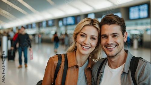 Happy couple at an airport terminal, a blonde woman and a brown-haired man smiling warmly, embodying joyful travel and partnership.