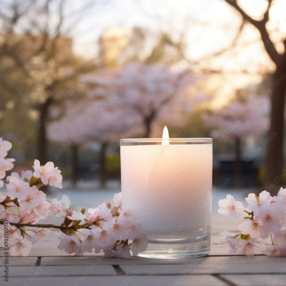 blank scented candle glass mock up cherry blossom garden spring background blank scented candle glass mock up cherry blossom garden spring background