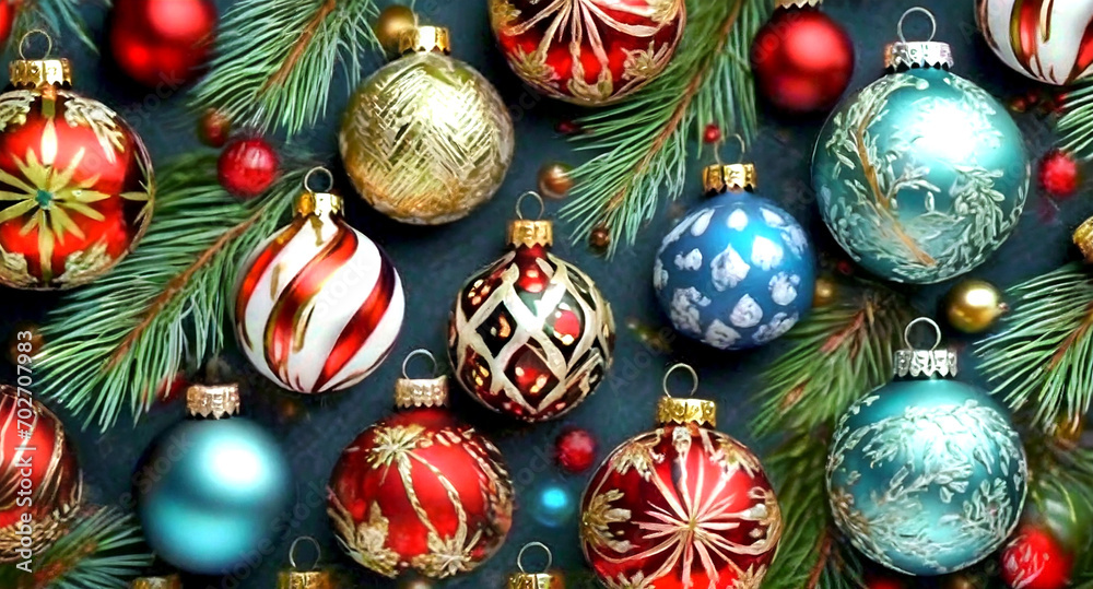 Christmas decorations: pine branches and baubles on a dark blue table, top view; seamless pattern. generative ai Christmas decorations: pine branches and baubles on a dark blue table, top view; seamless pattern. generative ai