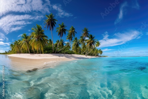 A panoramic view of a tropical beach with turquoise waters and palm trees 