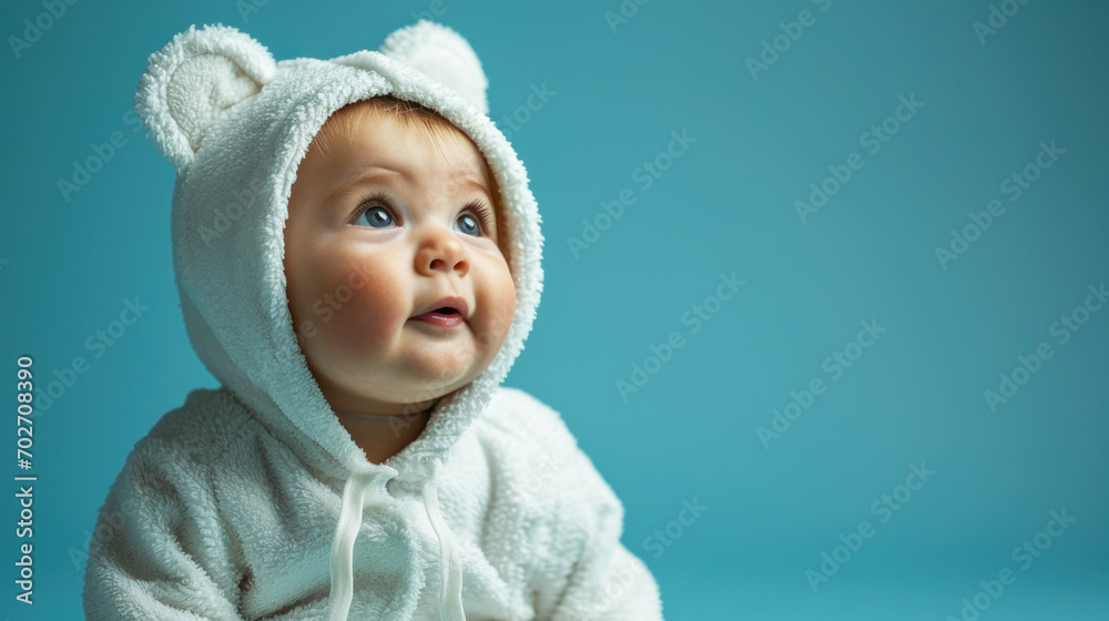 Cute baby with fluffy bear hoodie in front of blue background Cute baby with fluffy bear hoodie in front of blue background