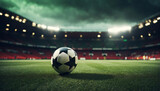 Pallone da calcio sull'erba di un campo da calcio di uno stadio all'imbrunire con luci accese