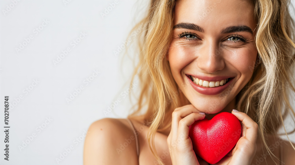 Portrait einer lachenden, hübschen Frau mit blonden Haaren, die ein rotes Herz in ihren Händen hält, vor weißem Hintergrund mit Platz für Text. Positive Ausstrahlung. Valentinstag. Liebe Portrait einer lachenden, hübschen Frau mit blonden Haaren, die ein rotes Herz in ihren Händen hält, vor weißem Hintergrund mit Platz für Text. Positive Ausstrahlung. Valentinstag. Liebe