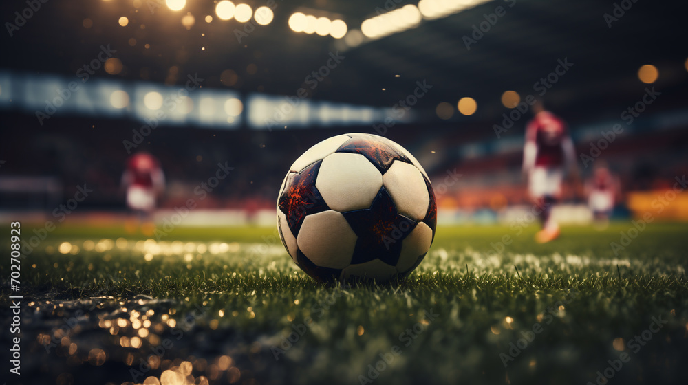 Pallone da calcio sull'erba di un campo da calcio di uno stadio all