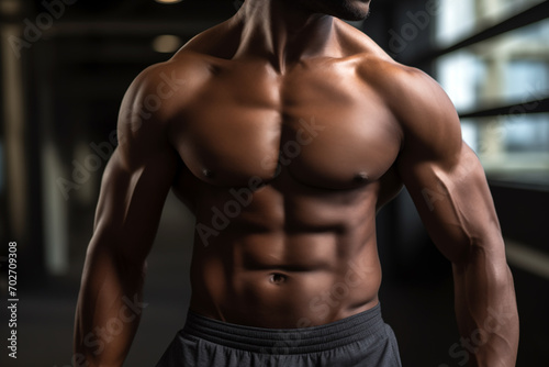 Perfect bodybuilders abdominal muscles with strong chest closeup. Generative AI
