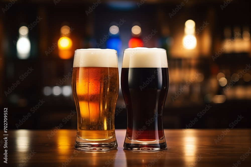 Two glasses with fresh light and dark craft foamy beer. Generative AI