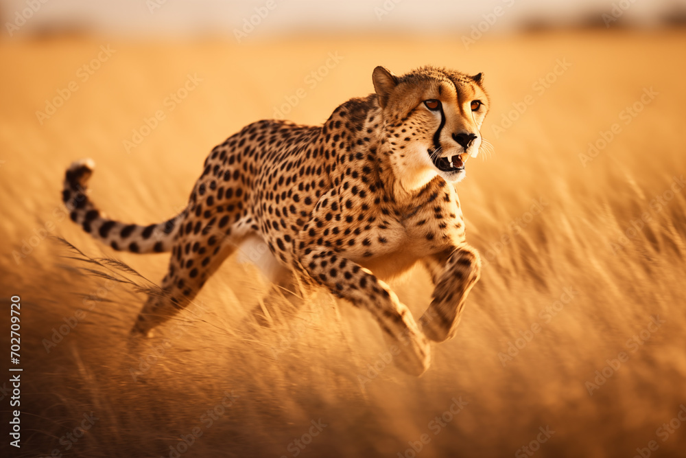 Fototapeta premium Cheetah fast running in field. Generative AI
