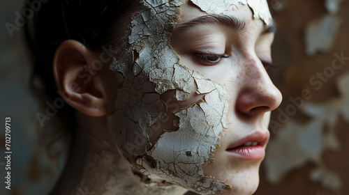 Dry skin with desert texture drifts in abstract backdrop, woman's face