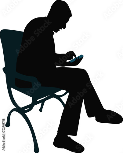 a man sitting using smart phone, silhouette vector