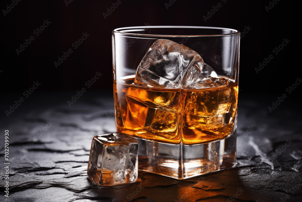 Whiskey on the rocks on glass isolated on black background. Generative AI