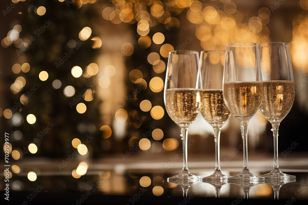 Glasses of sparkling champagne wine in restaurant on blurred golden background. Generative AI Glasses of sparkling champagne wine in restaurant on blurred golden background. Generative AI