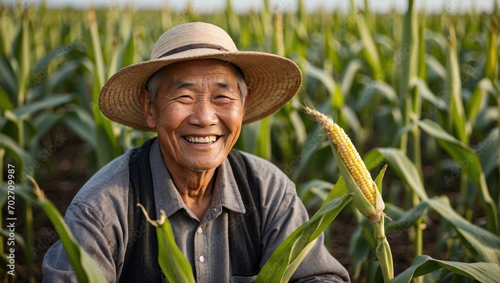 Joyful Asian farmer holding fresh corn in a field, with a wide smile and traditional hat, exemplifying rural agriculture.
